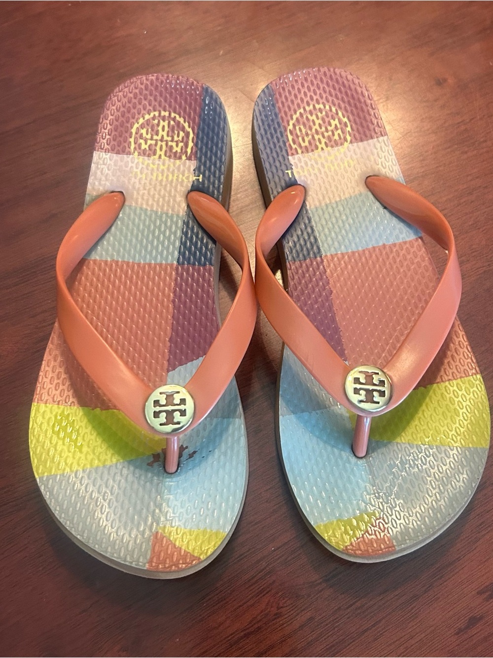 Tory Burch Coral Strap Flip Flops with Pastel Multicolor Stripes